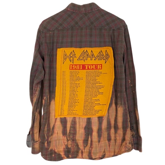 Hand Crafted Other - Def Leppard Bleached Flannel Shirt Plaid Upcycled Mens Unisex Medium Large